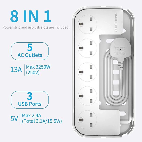 Hulker Extension Lead with USB Slots 5 Way Outlets 3 USB Ports Extension Cable Tidy Box Socket Extension with Overload Protection 3250W 13A Extension Cord 2M Power Strip Cable Management Box White - Image 6