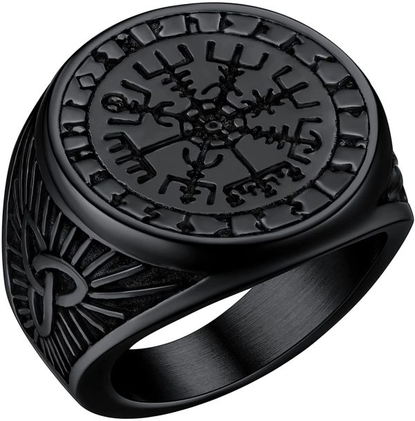 FaithHeart Norse Viking Jewellery Vegvisir Compass/Mjolnir/Valknut Runes Ring for Men Personalised Stainless Steel Signet Rings Size O - Y Finger Charm - Image 5