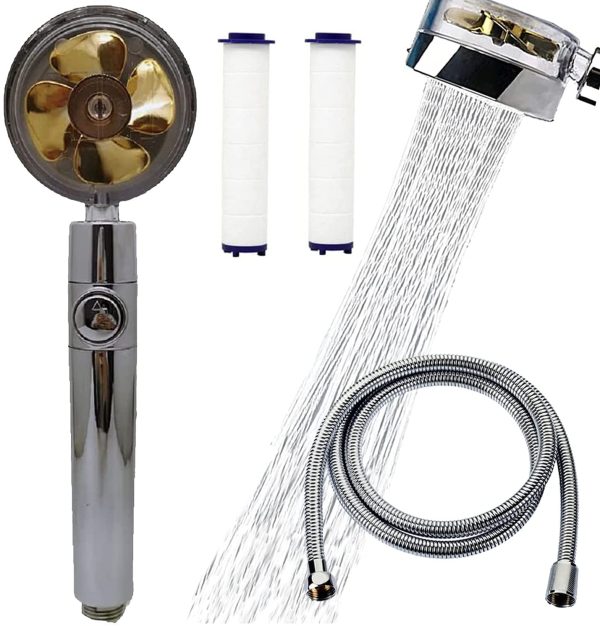 Propeller Driven Shower Head Set,360??Rotating Power Turbocharged Shower Heads,High Pressure Handheld Showers with 1.5m Hose and 2 Filter for Bathroom (Golden)