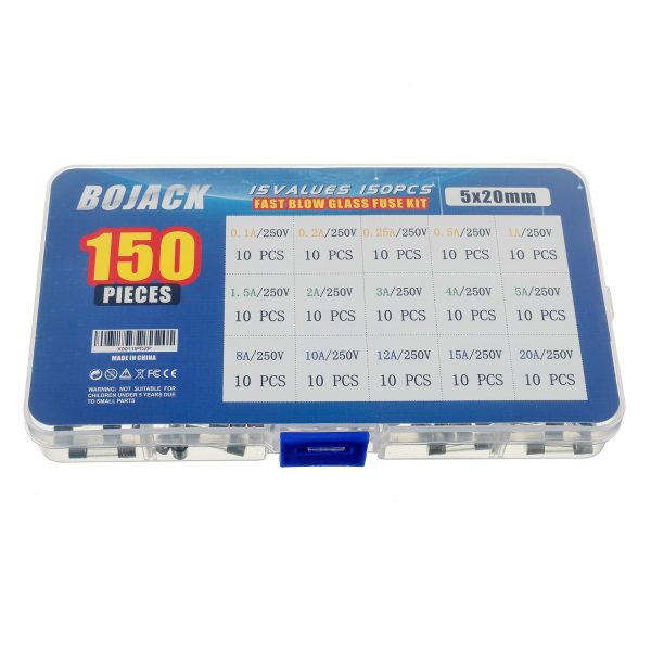 BOJACK 15 Values 150pcs Fast blow Glass Fuses Assortment Kit 5x20mm 250V 0.1 0.2 0.25 0.5 1 1.5 2 3 4 5 8 10 12 15 20A packag in a clear plastic box - Image 4