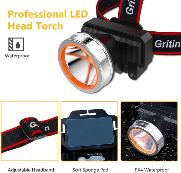 Gritin  Head Torch, USB Rechargeable Headlamp Headlight - Super Bright 2000 Lumens, Motion Sensor, 90?? Adjustable Rotating, 4 Light Modes, Long Battery Life - Ideal for Running, Camping, etc. - Image 2