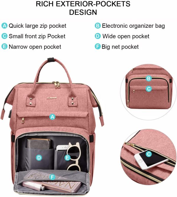 LOVEVOOK Laptop Backpack for Women fits 15.6 Inch, School Computer Backpack for Work Travel Casual Business Bag with USB Charging Port Light Pink - Image 4