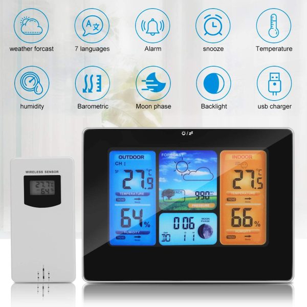 Powcan Weather Stations Wireless Indoor Outdoor with Alert and Temperature/Humidity/Barometric/Forecast/Moon Phase/Alarm Clock, LCD Digital Weather Station with Outdoor Sensor for Home Office (Black) - Image 2