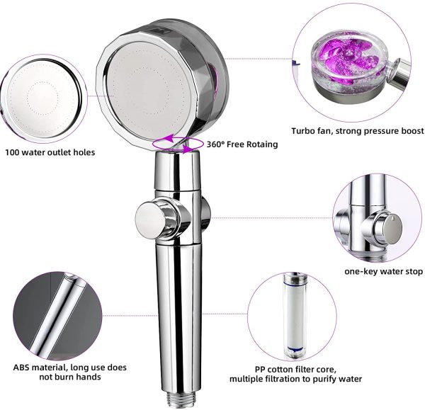 Propeller Shower Head,Turbo Fan Shower Head, Propeller Driven Handheld Shower Head High Pressure with Hose Shut Off &Holder Filter, 360 Degrees Rotating Water Saving Camper Bath Shower Head (Purple) - Image 5