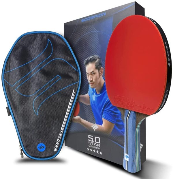 Scorpion Table Tennis Bat, Professional Ping Pong Racket, ITTF Approved Rubber, Stylish Case, 5-Star Carbon, Black/Red