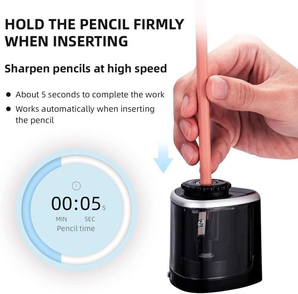 Pencil Sharpener Electric Pencil Sharpeners, Portable Pencil Sharpener Kids, Blade to Fast Sharpen, Suitable for No.2/Colored Pencils(6-8mm)/School Pencil Sharpener/Classroom/Office/Home (Black) - Image 4