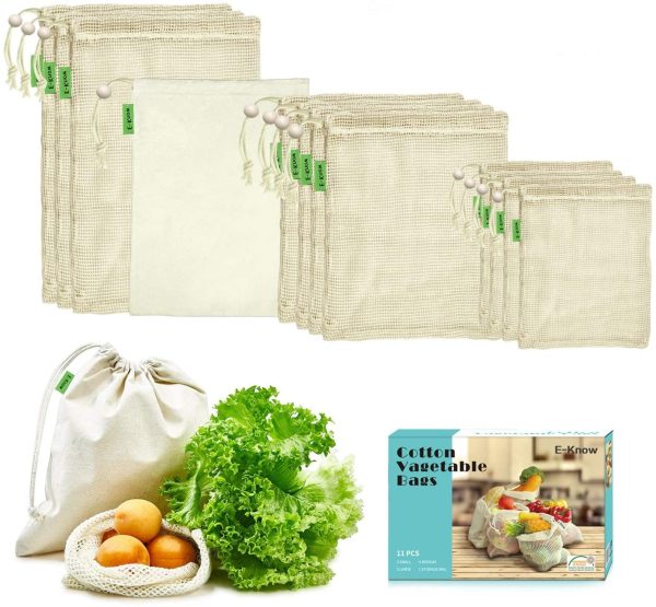 Produce Bags,11 Pack Reusable Produce Bags,Natural Mesh Cotton, Plastic Free, Eco Friendly Produce Bags (3 Small, 4 Medium, 3 Large, 1 Storage Bag)