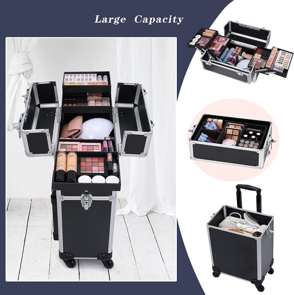 Professional Makeup Trolley 3-in-1 Extra Large Hairdressing Vanity Case Beauty Rolling Case Cosmetic Box on Wheels Nail Technician Trolley, Black (Black) - Image 6