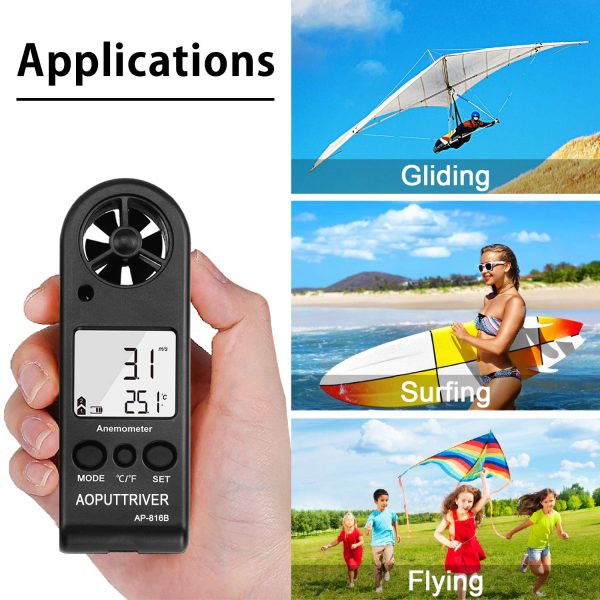 Digital Anemometer Handheld Wind Speed Meter for Measuring Wind Speed, Temperature and Max/Average/Current, High Precision, Measuring for Windsurfing Sailing Fishing Outdoor Activities-AP-816B(Black) - Image 2