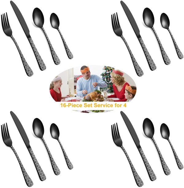 Cutlery Set,  16-Piece Matt Black Unique Pattern Design for Gift, Stainless Steel Flatware Set, Silverware Set with Spoon Knife and Fork Set, Service for 4, Dishwasher Safe - Image 3