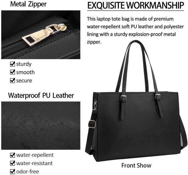 Laptop Bags for Women 15.6 inch Large Leather Tote Bag Ladies Laptop Handbag Computer School Shoulder Bag Business Work Bag Black - Image 7