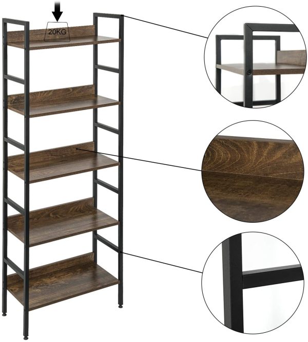 eSituro Heavy Duty 5-Tier Storage Shelves Ladder Bookshelf Vintage Industrial Bookcase Shelving Unit Stand with Black Metal Frame Walnut Wooden Shelves 60x27.5x160CM SSTR0056 - Image 5