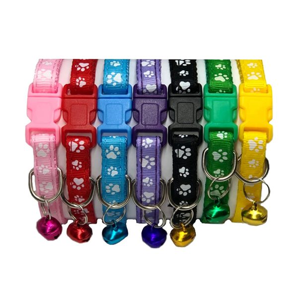 Posh Pets Adjustable Paw Print Cat, Kitten or Puppy Collar with Bell & Side-Release Buckle