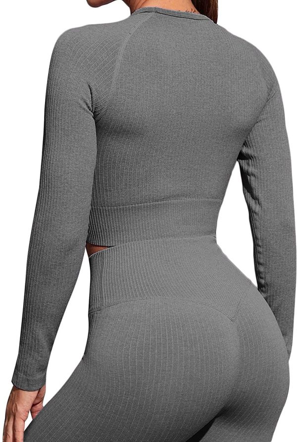 Buscando Long Sleeve Workout Sets for Women 2 Piece Ribbed High Waitst Athletic Legging Workout Outfits 2 Piece - Image 3