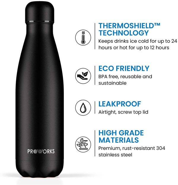 Proworks Stainless Steel Water Bottle, BPA Free Vacuum Insulated Metal Water Bottle for 12 Hours Hot & 24 Hours Cold Drinks, Sports Flask Great for Work, Gym, Travel - 500ml / 750ml/ 1 Litre - Image 5