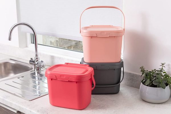 Everyday Kitchen Food Waste Compost Caddy Bin utility Set of 3 mixed colours Blush Pink, Pomegranate, Metallic Silver, 3 x 4.5 litres - Image 6