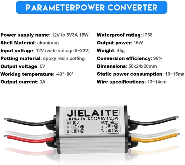 Car Power Converter Waterproof 12V to DC 5V Buck Voltage Regulators 3A 15W Voltage Converter Module for Car Truck Boat Solar System, Accept DC 8V - 22V Inputs - Image 4