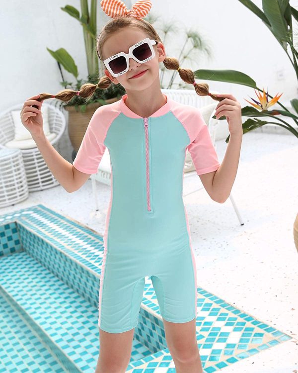 DUSISHIDAN Swimsuit Kids Boys Girls One-Piece Swimming Costume Short Sleeves Rash Guard Surfing Swimsuits UPF>50 Age 3-12Y