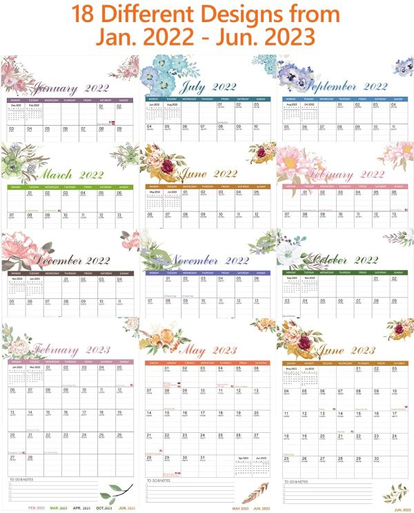 Calendar 2022 2023, 18 Monthly Wall Calendar with Thick Paper, Aesthetic Floral Family Calendar Runs Jan.2022 - Jun.2023, 43 x 30.5 cm, Calendar Family Planner with Julian Date & Large Blocks - Image 7