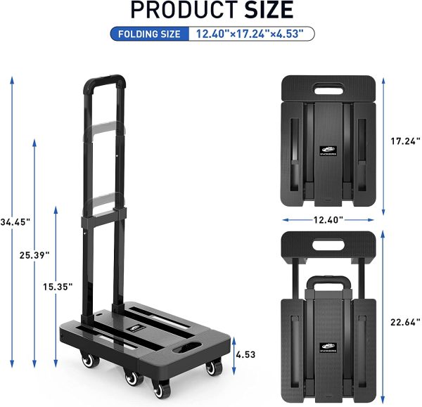 Folding Hand Truck, 227KGS Heavy Duty Platform Truck Utility Cart with 6 Wheels & 2 Elastic Ropes for Luggage, Travel, Auto, Shopping, Moving and Office, Black - Image 7