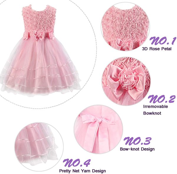 Discoball Girls Rose Flower Bow Tie Princess Party Dress Tulle Wedding Bridesmaid Christening Dress for Girls