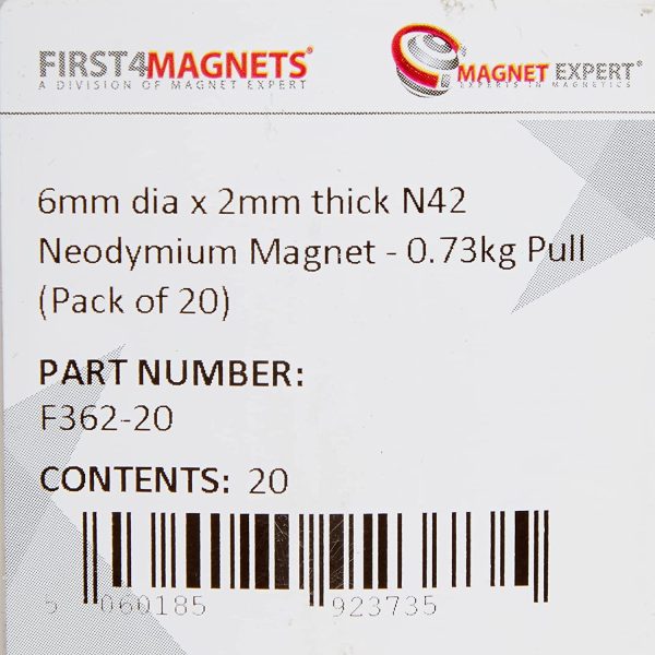 first4magnets? F362-20  6mm dia x 2mm thick N42 Neodymium Magnet - 0.73kg Pull (Pack of 20)