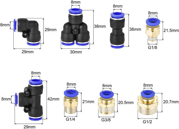 Pneumatic 8mm OD Polyurethane PU Air Hose Tubing Kit 10 Meters Blue with 16 Pcs Push to Connect Fittings - Image 3