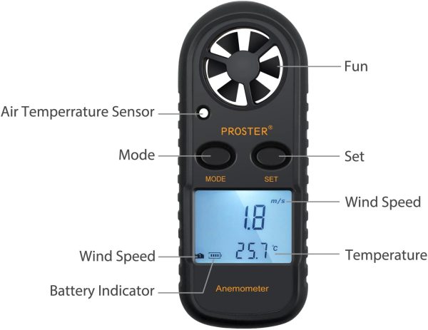 Proster Anemometer Digital LCD Wind Speed Meter Gauge Air Flow Velocity Measurement Thermometer with Backlight for RC Drones Helicopter Windsurfing Kite Flying Sailing Surfing Fishing Etc - Image 6