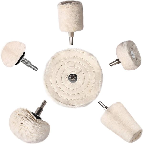 Polishing Wheel, 6Pcs White Buffing Wheel Pad Mop Kit Conical/Column/Mushroom/Wheel Shaped Polishing Tool for Metal Aluminum,Stainless Steel,Chrome,Jewelry,Wood,Plastic,Ceramic,Glass,etc