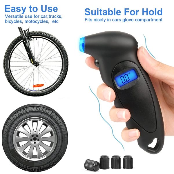 Digital Tyre Pressure Gauge: Checker Tyre for Car Truck Bicycle Motorbike with Backlit LCD and Non-Slip Grip, Black - Image 3