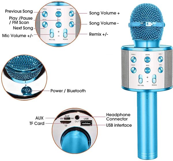 Karaoke Microphone Bluetooth Wireless, With 5 Voice-changing Modes Portable Karaoke Machine Mic Speaker for Kids and Adults Home Party Birthday, Gifts Toys for 3-12 Year Old Boys Girls (Blue)