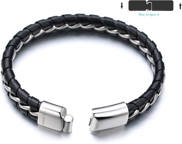 HALUKAKAH Kids ?? Solo Junior ?? Boy's Genuine Leather Bracelet Black 6-12 Y/O. Titanium Silver Chain Magnetic Clasp 7"/18cm with Free Giftbox