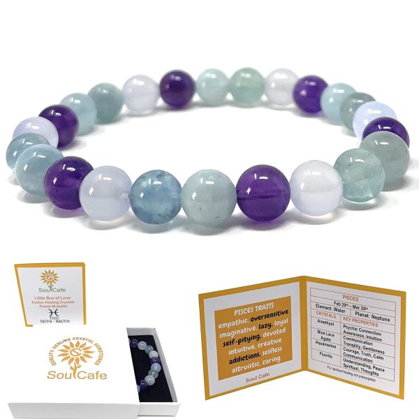 Pisces Zodiac Crystal Bracelet - Power Bead Bracelet - Zodiac Birthstones - Gift Box & Pisces Tag - Aquamarine, Blue Lace Agate, Fluorite, Amethyst - Image 4