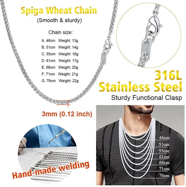 PROSTEEL Engraving, Men 3MM Wheat Chain Necklace, 18/20/22/24/26/28/30 Inches, 316L Stainless Steel/Gold Plated (with Gift Box)