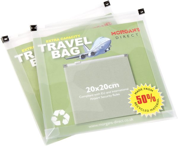 Clear Travel Bag Airport Flight Toiletries Cosmetics Makeup Fluids Transparent - 50% Recycled Plastic - Pack 2