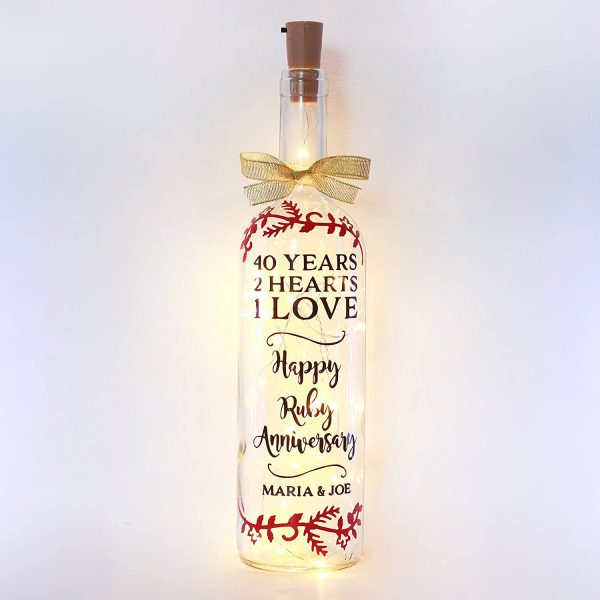 Personalised Ruby Wedding Anniversary Gifts, 40th, Parents, Grandparents, Couple, Bottle Light