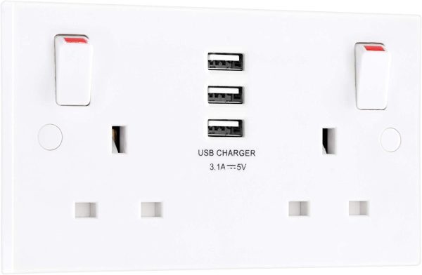 BG Electrical 922u33 Double Switched 13 Amp Fast Power Socket with Three USB Charging Ports, 3.1A, 5 Volts, 15.5 Watts, White - Image 4