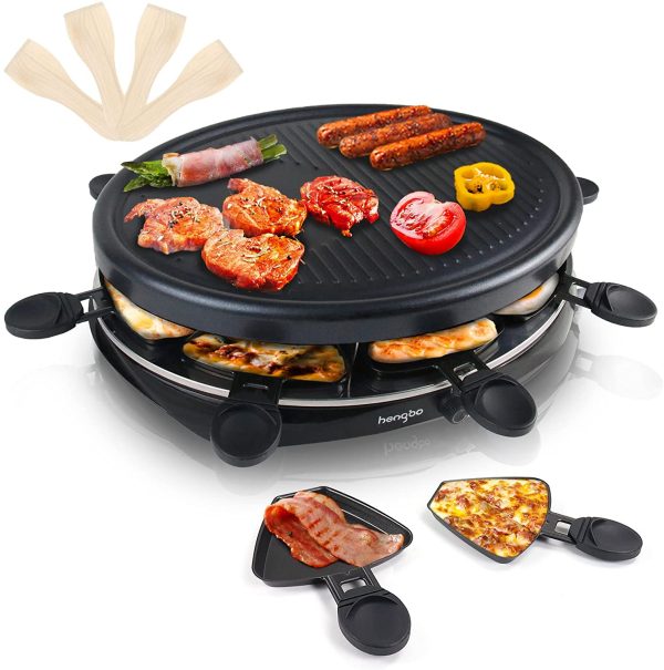 Raclette Grill Raclette Cheese Machine for 8 Persons, Raclette Set with Non-Stick Coating Plate, Adjustable Temperature Control, 8 Mini Pans & 4 Wooden Spatulas, 1300W