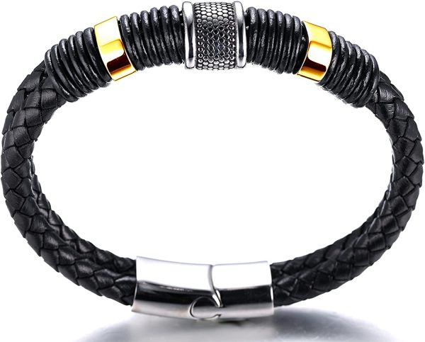 HALUKAKAH Kids ?? Solo Junior ?? Boy's 6-12+3 Y/O. Black Cowhide Leather Bracelet 18k Real Gold/Platinum Plated Titanium Beads Golden Silver Magnetic Clasp Size Adjustable 18-19.5cm with Free GIftbox - Image 5