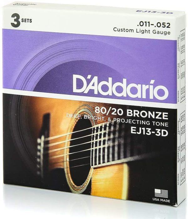 D'Addario Guitar Strings - Acoustic Guitar Strings - 80/20 Bronze - For 6 String Guitar - Deep, Bright, Projecting Tone - EJ13-3D - Custom Light, 11-52 - 3-Pack - Image 3