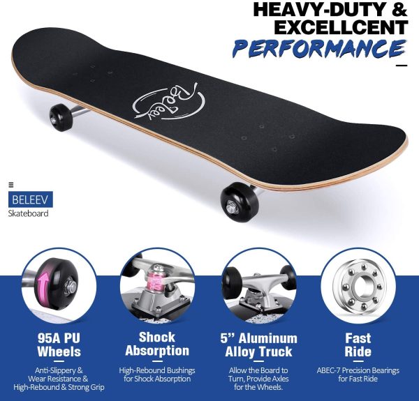 BELEEV Skateboards, 31 x 8 inch Complete Skateboard for Beginners, 7 Layer Canadian Maple Double Kick Deck Concave Cruiser Trick Skateboard for Kids and Adults - Image 6