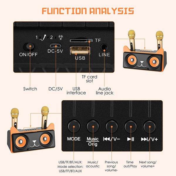 Karaoke Machine with 2 Wireless Microphones S SMAUTOP Rechargeable Bluetooth Speaker Portable PA System Karaoke Singing Machine with Phone Holder for Kids & Adults, Support AUX / USB / TF Card Input - Image 5