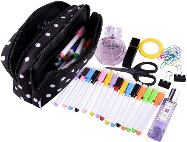 Pencil Case Black with White Dot Large Capacity Pen Case Double Zippers Pen Bag Office Stationery Bag Cosmetic Bag with Compartments for Girls Boys and Adults - Image 7