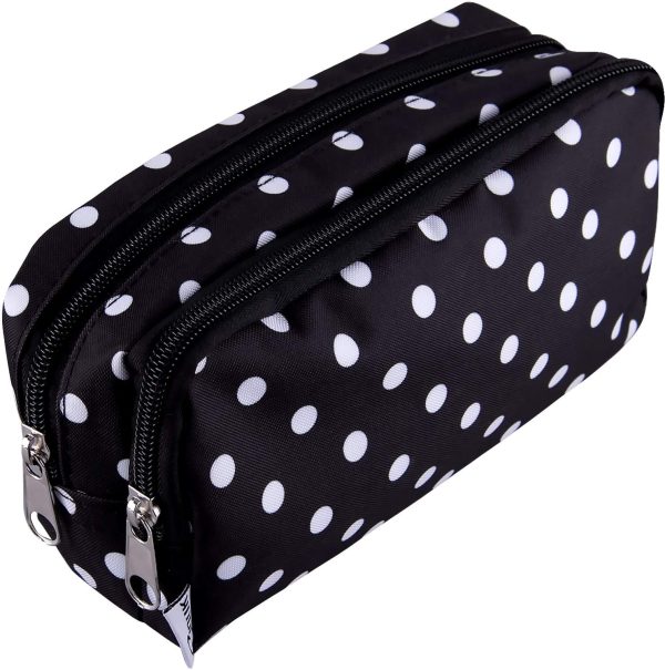 Pencil Case Black with White Dot Large Capacity Pen Case Double Zippers Pen Bag Office Stationery Bag Cosmetic Bag with Compartments for Girls Boys and Adults - Image 3