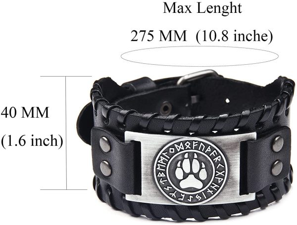 Black Leather Bracelet Antique Silver Viking Wolf Bear Paw Norse Runes Leather Bracelet for Men, Punk Retro Jewelry for Men