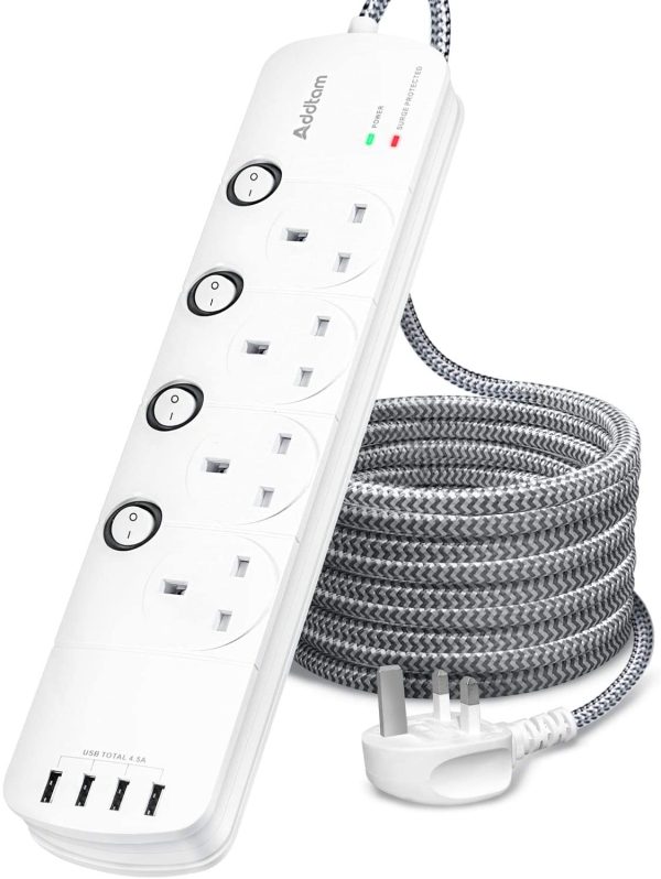 Extension Lead with USB Slots, 4 Way Socket Outlets Power Strips with 4 USB (4.5A) Surge Protection Plug Extension with 1.8 Meter Braided Extension cord for Home Office, Individually Switched White - Image 5