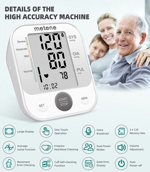 Metene Blood Pressure Monitor Upper Arm BP Cuff Machine, Accurate Automatic High Blood Pressure Machine Kit with Large Cuff 22-40cm, Pulse Rate Monitor for Home Use - Image 3