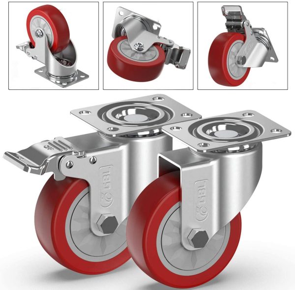 GBL Heavy Duty Castor Wheels with 2 Brakes + Screws - 100mm up to 600KG - Pack of 4 No Floor Marks Silent Caster for Furniture - Rubbered Trolley Wheels - Silver Castors - Image 8