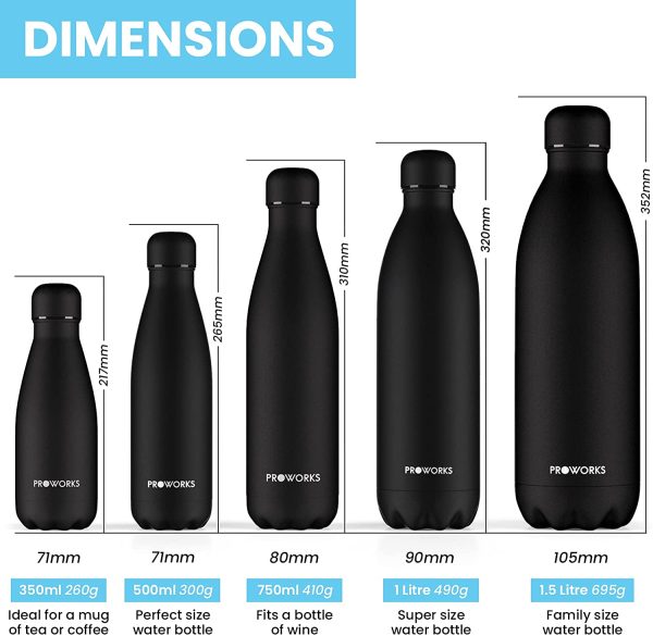 Proworks Stainless Steel Water Bottle, BPA Free Vacuum Insulated Metal Water Bottle for 12 Hours Hot & 24 Hours Cold Drinks, Sports Flask Great for Work, Gym, Travel - 500ml / 750ml/ 1 Litre - Image 7