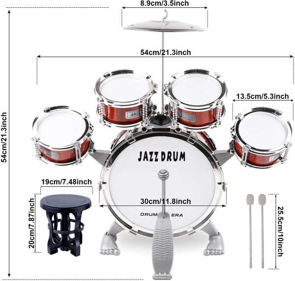 Junior Kids Drum Kit??Toddler Jazz Drum Toy 5 Drums & Cymbal Kit with Stool Mini Band Rock Set - Realistic Design Musical Instrument Percussion Toy Xmas Gift for Beginners Boys Girls, Red - Image 5